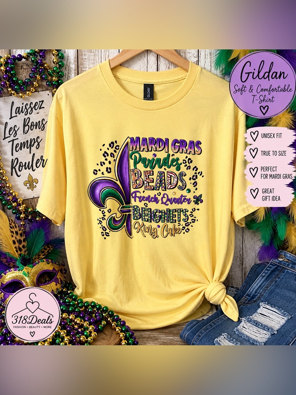 Gildan Yellow Mardi Gras Beads Graphic Tee